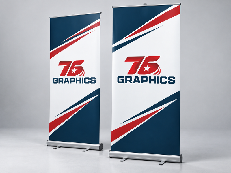 Banner Stands mockup with the 76 Graphics logo in red, navy and white