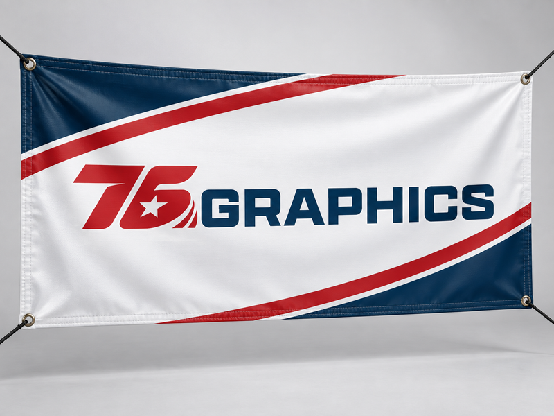 Banners mockup with the 76 Graphics logo in red, navy and white