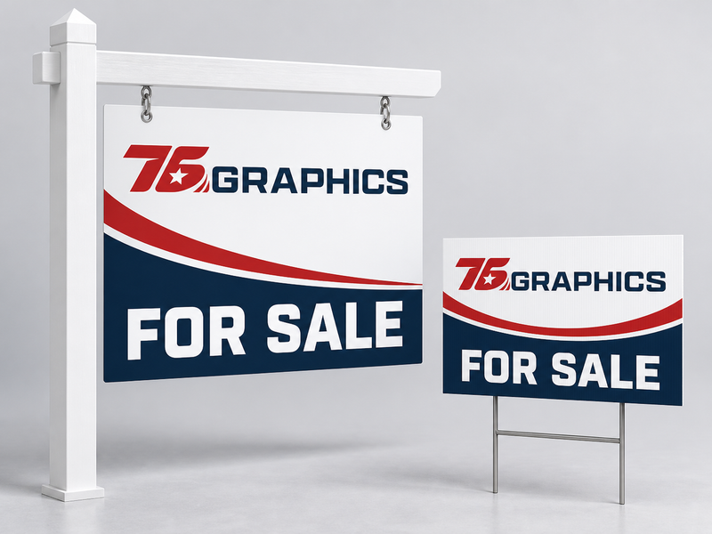 Real Estate Products mockup with the 76 Graphics logo in red, navy and white