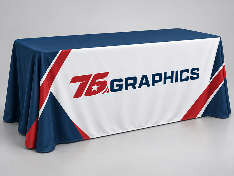 Table Throws mockup with the 76 Graphics logo in red, navy and white