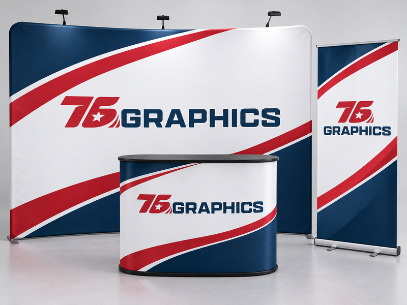 Trade Show Products mockup with the 76 Graphics logo in red, navy and white